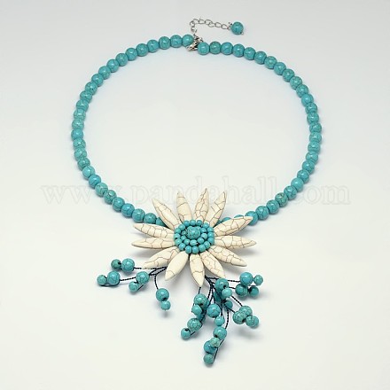 Flower Synthetic Turquoise Pendant Necklaces NJEW-P102-45-1