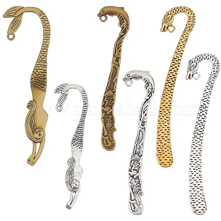 SUNNYCLUE 1 Box 12Pcs Metal Bookmarks Hook Bookmark Vintage Style Alloy Hook Bookmarks Hairpin Carved Mermaid Book Markers Dragon Charm Pendants for Books Lovers Teacher's Day Back to School Gift FIND-SC0003-51-1