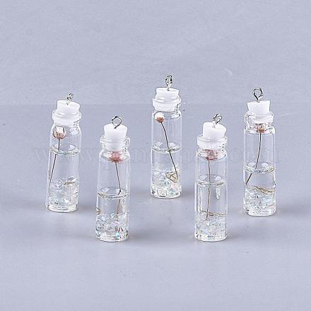 ガラス瓶の装飾  樹脂とドライフラワー入り  樹脂タンピオンと鉄パーツ  透明  42~44x11mm  穴：2mm GLAA-S181-03B-1