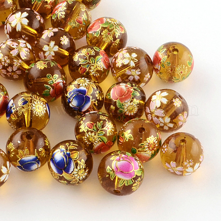 Mixed Flower Picture Printed Glass Round Beads GFB-R004-12mm-M12-1