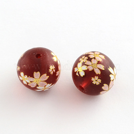 Flower Pattern Frosted Glass Round Beads GFB-R004-14mm-E12-1