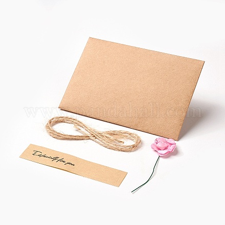 クラフト紙グリーティングカードとクラフト紙の封筒  紙のステッカーと内側のページ  ドライローズの花  ジュートより糸  桃パフ  10.4x7.1cm DIY-WH0094-01-1