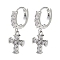 Brass Micro Pave Clear Cubic Zirconia Hoop Earrings, Corss, Real Platinum Plated, 21.5x7.5x11.5mm