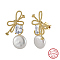 925 Sterling Silver Bowknot Stud Earrings, Natural Pearl & Cubic Zirconia Drop Earrings, with S925 Stamp, Real 14K Gold Plated, 12x30mm