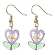 Boucles d'oreilles pendantes en forme de fleur de verre et de feuille de lampadaire EJEW-JE05524-3