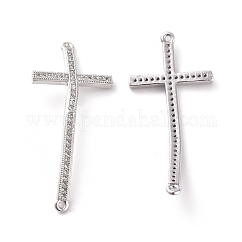Conectores de enlaces de circonita cúbica micro pavimentar de latón, cruz, Claro, Platino, 35.1x16x2mm, agujero: 0.8 mm