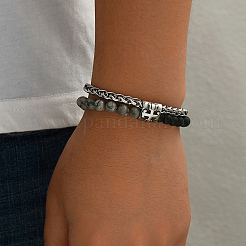 Bracelets à un rang de perles rondes en pierre de carte naturelle et obsidienne givrée&nbsp;NT5911-1