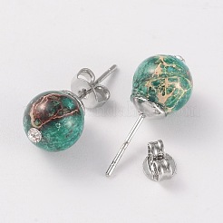 Orecchini a sfera rotondi con strass rotondi personalizzati con diaspro imperiale naturale / diaspro / sedimenti marini&nbsp;EJEW-JE01942