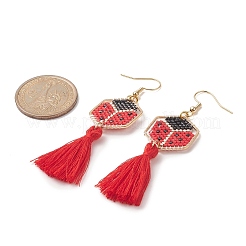 Плетеные шестиугольные серьги с подвесками из стеклянных косточек&nbsp;EJEW-MZ00052-02