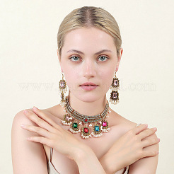 Conjunto de collar y pendientes de gargantilla de aleación de vidrio rectangular para mujer&nbsp;FS-WG507E8-06