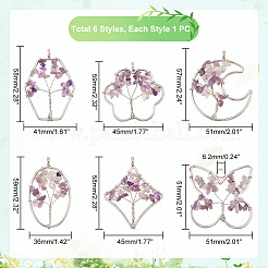 6 шт. 6 стиля натуральный аметист медная проволока обернутая чипом большие подвески&nbsp;G-PH0002-16