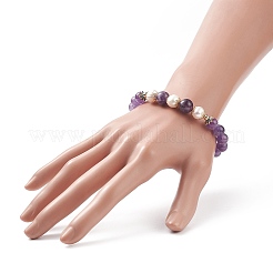 Braccialetto elasticizzato da donna con pietre preziose naturali e perle e ottone con perline floreali&nbsp;BJEW-JB09010