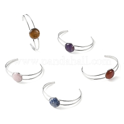Brazaletes planos redondos de acero inoxidable 304 con piedras mixtas naturales para mujer.&nbsp;BJEW-JB14352-02