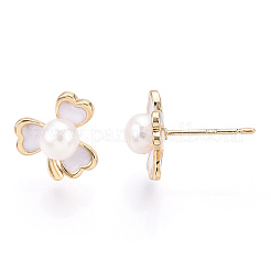 Серьги-гвоздики клевер с натуральным жемчугом и эмалью&nbsp;PEAR-N020-05O