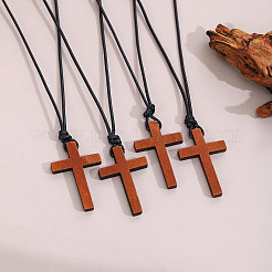 Colliers avec pendentif croix religieuse en bois ajustable et cordon ciré noir pour femmes et hommes&nbsp;FS-WGC7380-01
