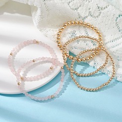Ensemble de bracelets extensibles en perles de quartz rose naturel et de laiton pour femmes&nbsp;BJEW-JB09663-02