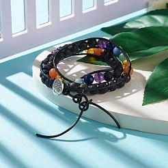 Bracelet enveloppant rond tressé en pierres naturelles mélangées à 2 boucle avec breloque en alliage arbre de vie&nbsp;BJEW-JB07871