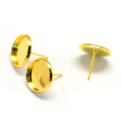 Iron Stud Earring Settings, Flat Round, Golden, Tray: 12mm, 14mm, Pin: 0.8mm
