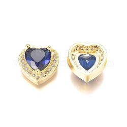 Perles de zircone cubique micro pave en Laiton, cœur, bleu et clair, or, 12x12.5x6.5mm, Trou: 1x2mm