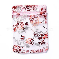 Sacchetti per gioielli con coulisse in organza, sacchetti regalo per feste di matrimonio, rettangolo con motivo a rosa stampata rossa, perla rosa, 15x10x0.11cm