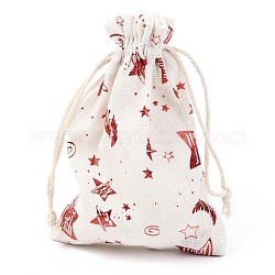 Bolso de tela de tela de algodón con tema navideño, bolsas de cordón, para la fiesta de navidad adornos de regalo, patrón de estrella, 14x10 cm