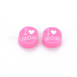 Abalorios de arcilla polimérica hechos a mano, tema del día de la madre, plano y redondo con la palabra amo a mamá, color de rosa caliente, 8~9.5x3.5~4.5mm, agujero: 1.5 mm