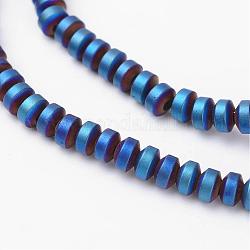 Mat non-magnétiques hématite synthétiques brins de perles, disque, bleu plaqué, 4x3mm, Trou: 1mm, Environ 145 pcs/chapelet, 15.3 pouce