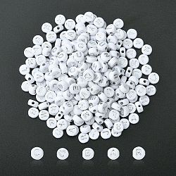 Perle acriliche bianche opache di 300 pz 2 stili, metallo allacciati, piatta e rotonda con le lettere, Argento Placcato, 7x3.5~4mm, Foro: 1.5~1.8 mm