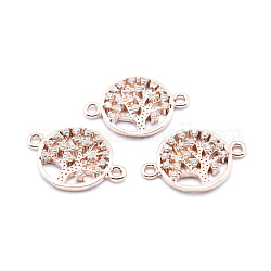 Brass Micro Pave Cubic Zirconia Links, Clear, Flat Round with Tree of Life, Rose Gold, 12.5x18x2mm, Hole: 1mm