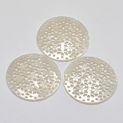 Natural Mother of Pearl Shell Chandelier Components Links, Flat Round with Flower, White, 29x1.5mm, Hole: 1mm