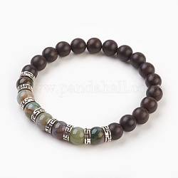 Agate bracelets extensibles indiens naturels, avec des perles de bois de santal naturelles et des perles d'espacement tibétaines, 2 pouce (5.2 cm)