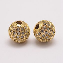 Brass Micro Pave Cubic Zirconia Beads, Round, Golden, 10x9.5mm, Hole: 2mm