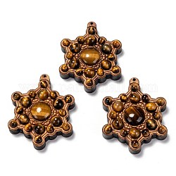 Beech Wood Pendants, with Natural Tiger Eye Beads, Star, 45x36.5x11.5mm, Hole: 1mm