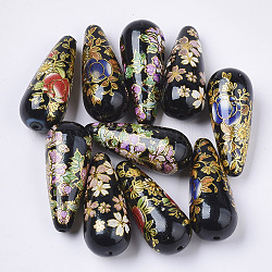 Perles de résine opaques imprimées, larme, avec motif de fleurs, couleur mixte, 32x13mm, Trou: 1.5mm