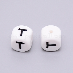 Perles de silicone, cube avec letter.t, blanc, 12x12x12mm, Trou: 2mm