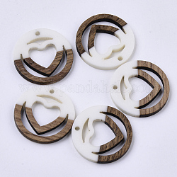 Pendentifs en bois de résine et de noyer, anneau avec coeur, blanc crème, 25x3mm, Trou: 1.8mm
