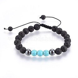 Natural Lava Rock and Non-Magnetic Synthetic Hematite Beads Braided Bead Bracelets, with Synthetic Turquoise, 2-1/8 inch~3 inch(5.3~7.8cm)