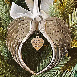 Décorations pendentif aile d'ange en alliage, mot mon coeur est au paradis, avec ruban d'organza, pour les ornements d'arbre de Noël, couleur d'argent, 200mm