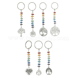 7-teiliges Schlüsselanhänger-Set mit Chakra-Anhänger aus natürlichem Lavagestein und Lebensbaum-Legierung, mit eisernen Schlüsselringen, Antik Silber Farbe, 10~11.9 cm, 7 Stück / Set