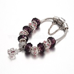 Alloy Rhinestone Bead European Bracelets, with Glass Beads and Brass Chain, Indigo, 180mm