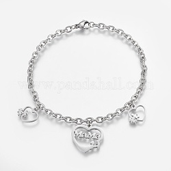 304 Stainless Steel Charm Bracelets, with Lobster Claw Clasps, Heart, Stainless Steel Color, 8-1/8 inch(20.5cm)