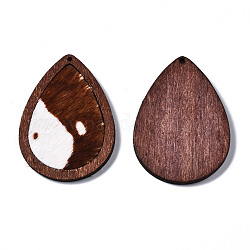 Ciondoli in pelle di vacchetta ecologica, con legno tinto, lacrima con stampa leopardata, sienna, 46x32.5x4mm, Foro: 1.2 mm