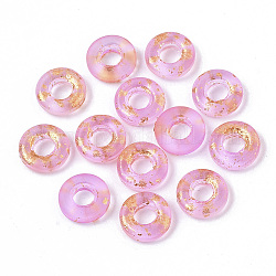 Transparente sprühlackierte europäische Glasperlen, Großloch perlen, mit goldener Folie, Donut, neon rosa , 11x3 mm, Bohrung: 4 mm