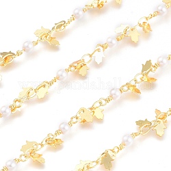 3.28 Feet Brass Chains, with Glass Beads & Hamsa Hand Charms, Soldered, White, Real 18K Gold Plated, Link: 3.8x2.5x0.4mm, Bead: 3.5mm