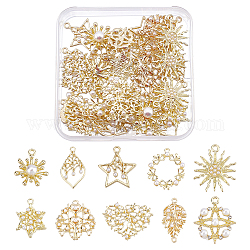 Ahadermaker 40 pz 10 ciondoli in lega di stile, con perla in plastica imitazione abs, fiore e stella e cuore e sole e foglia, oro chiaro, 19~27.5x14~26x2~7mm, Foro: 1.4~2 mm, 4pcs / style