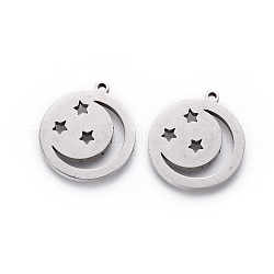 201 Stainless Steel Pendants, Manual Polishing, Flat Round with Moon and Star, Stainless Steel Color, 18x16x1.5mm, Hole: 1.2mm