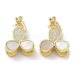 Rack Plating Brass Micro Pave Clear Cubic Zirconia Fold Over Clover Clasps, with Natural Shell, Cadmium Free & Lead Free, Long-Lasting Plated, Real 18K Gold Plated, 27mm, Hole: 15x3~4mm