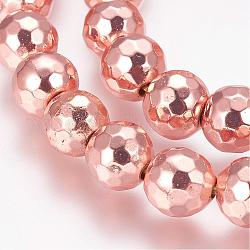 Grade AA Non-Magnetic Synthetic Hematite Bead Strands, Round, Faceted(128 Facets), Rose Gold Plated, 8mm, Hole: 1.5mm, about 53pcs/strand, 15.7 inch(40cm)