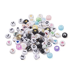 Acrylic Beads, Flat Round with Mixed Pattern, Mixed Color, 6.5~7x3~3.5mm, Hole: 1mm, about 778pcs/100g