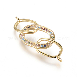 Brass Micro Pave Cubic Zirconia Links connectors, Oval, Colorful, Golden, 12.5x32x4.5mm, Hole: 1.2mm